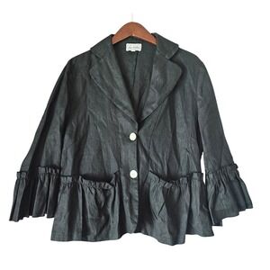 VINTAGE Two Wishes Black Natural Linen Blend Ruffle Sleeve‎ Topper Lagenlook M